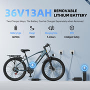 Electric bike with 36V13AH removable lithium battery and charging details on a light blue background