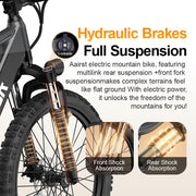 Promotional graphic for an Aairist electric mountain bike suspension system, showing a close-up of the front fork with hydraulic brake highlighting, text reading 'Hydraulic Brakes Full Suspension,' and two inset detail images labeled 'Front Shock Absorption' and 'Rear Shock Absorption.'.
