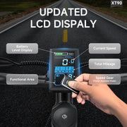 Digital display on a motorcycle with labeled components against a road background