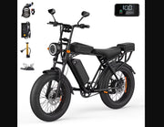Black electric fat-tire bicycle with a rear cargo rack, front headlight, and battery mounted on the frame, shown on a white background with included accessories and a digital display screen.