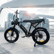 A black Alibaba Trek electric bicycle with fat tires stands on a kickstand on a modern outdoor walkway. The background features a large white curved bridge structure and a city skyline under a bright, sunlit sky.