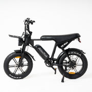 A black AtlasTrek V8 Max electric bicycle with fat tires, rear suspension, and a step-through frame, photographed from a side profile against a clean white background.