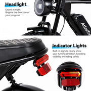 Black electric bicycle with integrated headlight and red rear indicator lights, shown with explanatory text and close-up inset of the taillight on a white background.