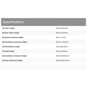 A specifications table with a gray header reading 'Specifications' and columns listing dimensions such as total length, max. ebike height, bottom bracket height, handlebar maximum height, wheelbase length, shelf length, handlebar minimum height, and seat maximum height in centimeters and inches.