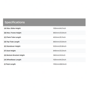 A specifications table on a white background with a gray header, listing frame and bike dimensions such as max. ebike height, max.