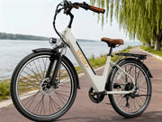 White electric bicycle with 'Voom' branding parked by a waterfront path.