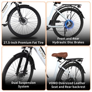 VOMO electric bike features including tire size, brakes, suspension system, and seat.