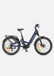 A navy blue electric bicycle with black tires, a black saddle, and small orange reflectors on the wheels, shown from a side profile against a light gray background.