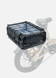 Black bike cargo box attached to a bicycle on a white background