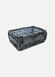 Black storage crate with grid pattern on a white background