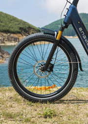 Close-up of a black fat-tire electric bicycle wheel with a black fender and blue frame, standing on grassy ground with water and green hills in the background.