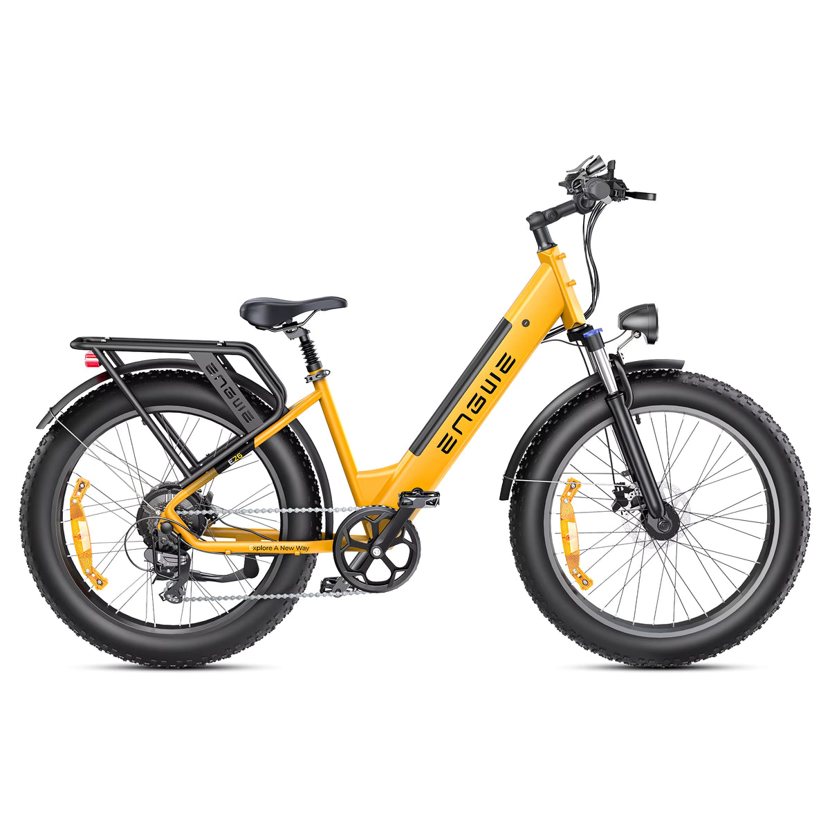 Yellow electric bike with black components on a white background