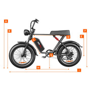 Side view of a black electric fat-tire bicycle with labeled measurement callouts A through I around the bike, showing dimensions such as overall height, wheel diameter, and ground clearance.
