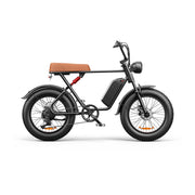 A black electric fat-tire bicycle with a brown seat, black battery pack, and small red accent on the frame, shown from a side profile on a white background.