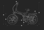 A technical line drawing of a folding electric bicycle on a dark background, with dimension arrows and labels A through F indicating measurements such as wheel diameter, frame width, saddle height, and rear rack position.