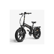 A black EUOKO folding electric fat tire bike with a rear cargo rack, shown from a three-quarter angle on a light gray background.