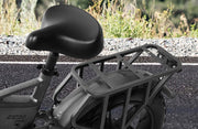 Close-up of a black saddle and rear cargo rack on a gray electric bicycle, photographed outdoors on a paved path with blurred greenery in the background.