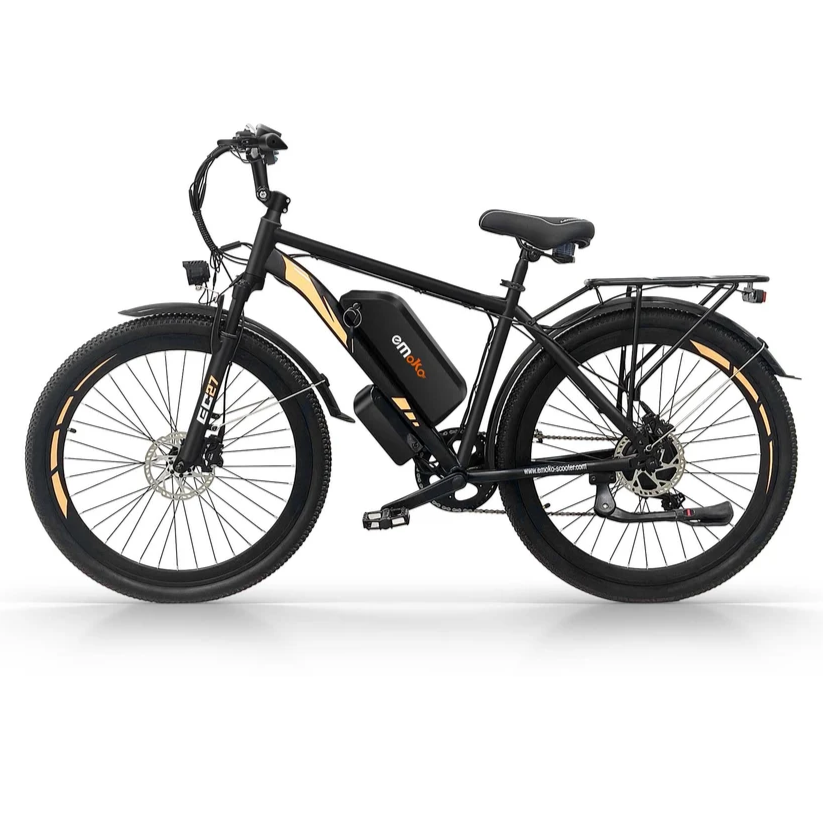 A black electric fat tire bike with gold accents, a black battery pack mounted on the frame, and a rear cargo rack, shown from a side profile on a white studio background.