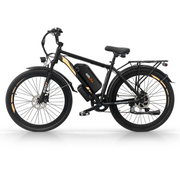 A black electric fat tire bike with gold accents, a black battery pack mounted on the frame, and a rear cargo rack, shown from a side profile on a white studio background.