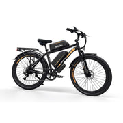A black AMOK electric bicycle with orange accents, featuring a front suspension fork, rear cargo rack, fenders, and a central battery pack, shown on a clean white background.