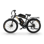 A black electric fat-tire bicycle with gold accents, a central battery pack, and a rear cargo rack, shown from a side profile on a white background.