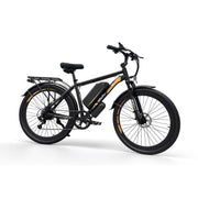 A black electric fat-tire bicycle with orange accents, a rear cargo rack, and a central battery pack, shown from a three-quarters angle on a white background.