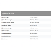 A specifications table with a gray header reading 'Specifications' and a list of bike dimensions and measurements in both inches and centimeters.