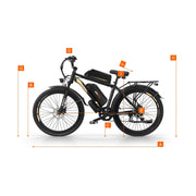 Side-view measurement diagram of a black electric bicycle with orange dimension lines and labeled letters A through H indicating wheel diameter, ground clearance, handlebar height, seat height, chainstay, rear wheel diameter, and total width.