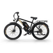 A black electric fat-tire bicycle with gold accents, a black battery pack mounted on the frame, and a rear cargo rack, shown from a side profile on a white background.