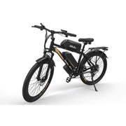 A black electric bicycle with gold accents, featuring a battery pack mounted on the frame, a top bottle holder bag, and a rear cargo rack, shown on a white studio background.