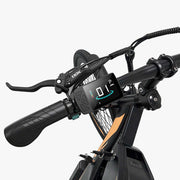 Close-up of an electric bike handlebar with a display and controls on a white background