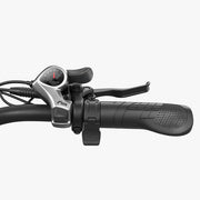 Close-up of a bicycle handlebar with Shimano components on a white background