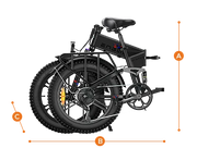 A folded electric bicycle shown in side profile on a white background, with orange measurement markers labeled A, B, and C indicating dimensions.