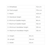 A size measurement chart with two tables of dimensions in centimeters, labeled with letters A through H and including wheelbase, total length, reach, standover height, saddle height, handlebar height, and height/length/width.