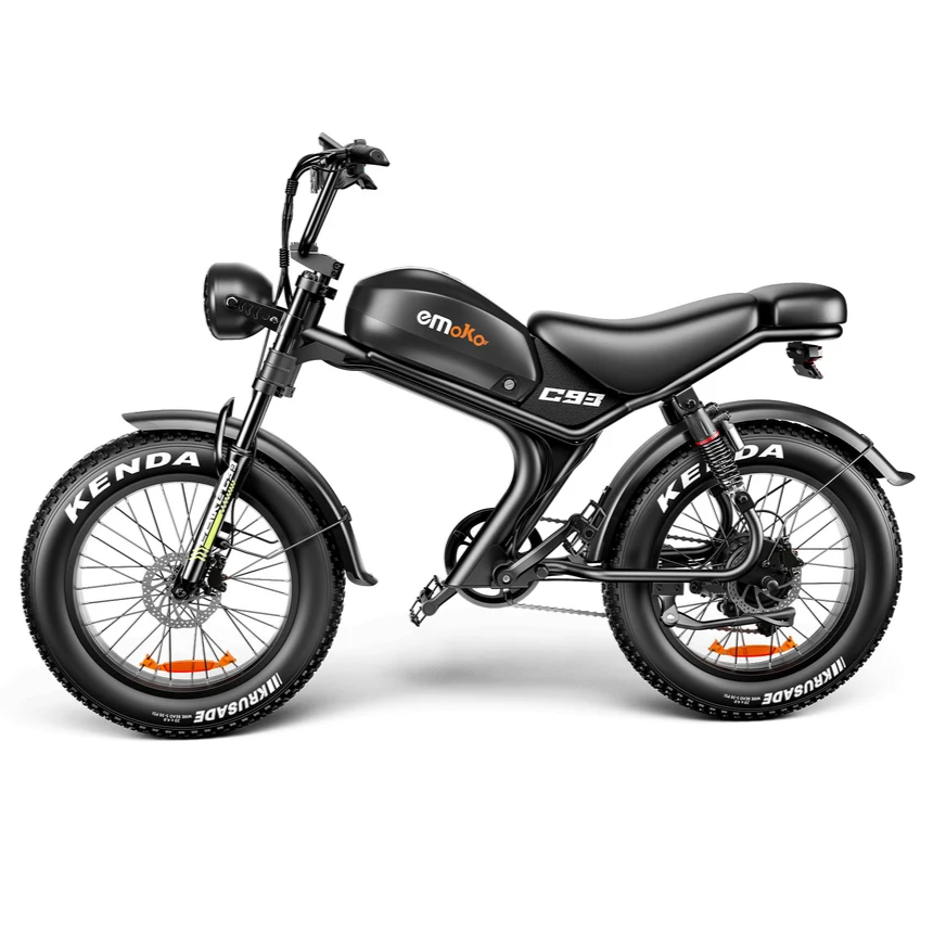 A black electric moped-style bicycle with fat tires, shown in a clean side profile on a white background. The bike features a black seat, a fuel tank with 'emoko' branding, and 'KENDA' tires.