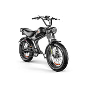 A black electric fat-tire motorcycle with a digital display on the handlebars, front headlight, and rugged knobby tires, shown on a solid white background.