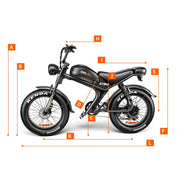 A black electric bicycle shown on a white background with orange dimension lines and labels A through L indicating different body measurements.