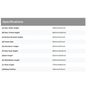 A specifications table with a gray header reading 'Specifications' and a list of bike dimensions in millimeters and inches, including max. elbike height, frame height, bottom bracket height, frame size, standover height, rear seat height, seat length, wheelbase length, total length, and riding position.