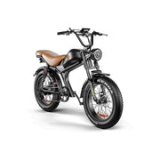 A black electric fat-tire bike with a brown leather saddle, front headlight, and fenders, photographed on a clean white background.