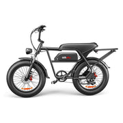 A black electric fat-tire bicycle with a step-through frame, black seat, rear cargo rack, front and rear disc brakes, and orange wheel reflectors, shown on a clean white background.