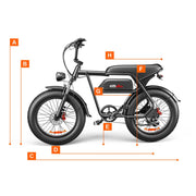 Side-view measurement diagram of an electric bicycle on a white background, with orange lines and letter labels A through H indicating dimensions of the bike and its components.