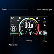 Digital display of a motorcycle's instrument panel with various indicators on a dark background