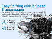 Bicycle gear system with text about 7-speed transmission on a blue background