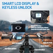 Smart bike handlebar with digital display and keyless unlock system, mountain road background