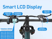 Smart bike handlebar with various controls and an LCD display on a blue background