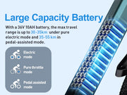 Bicycle with large capacity battery display and travel range information on a blue background