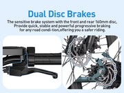 Bicycle dual disc brakes with text on a light blue background