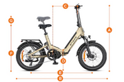 A size measurement diagram for an unfolded electric bicycle, showing a side profile of the bike with labeled dimensions A through G and a table at the top listing ride height, max load capacity, and package dimensions.