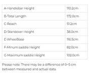 A measurement chart showing a bicycle with labeled dimensions and a table of measurements in centimeters, including handlebar height, total length, reach, standover height, wheel base, and saddle heights.