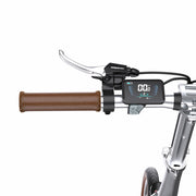 Bicycle handlebar with brown grip and digital display on a white background